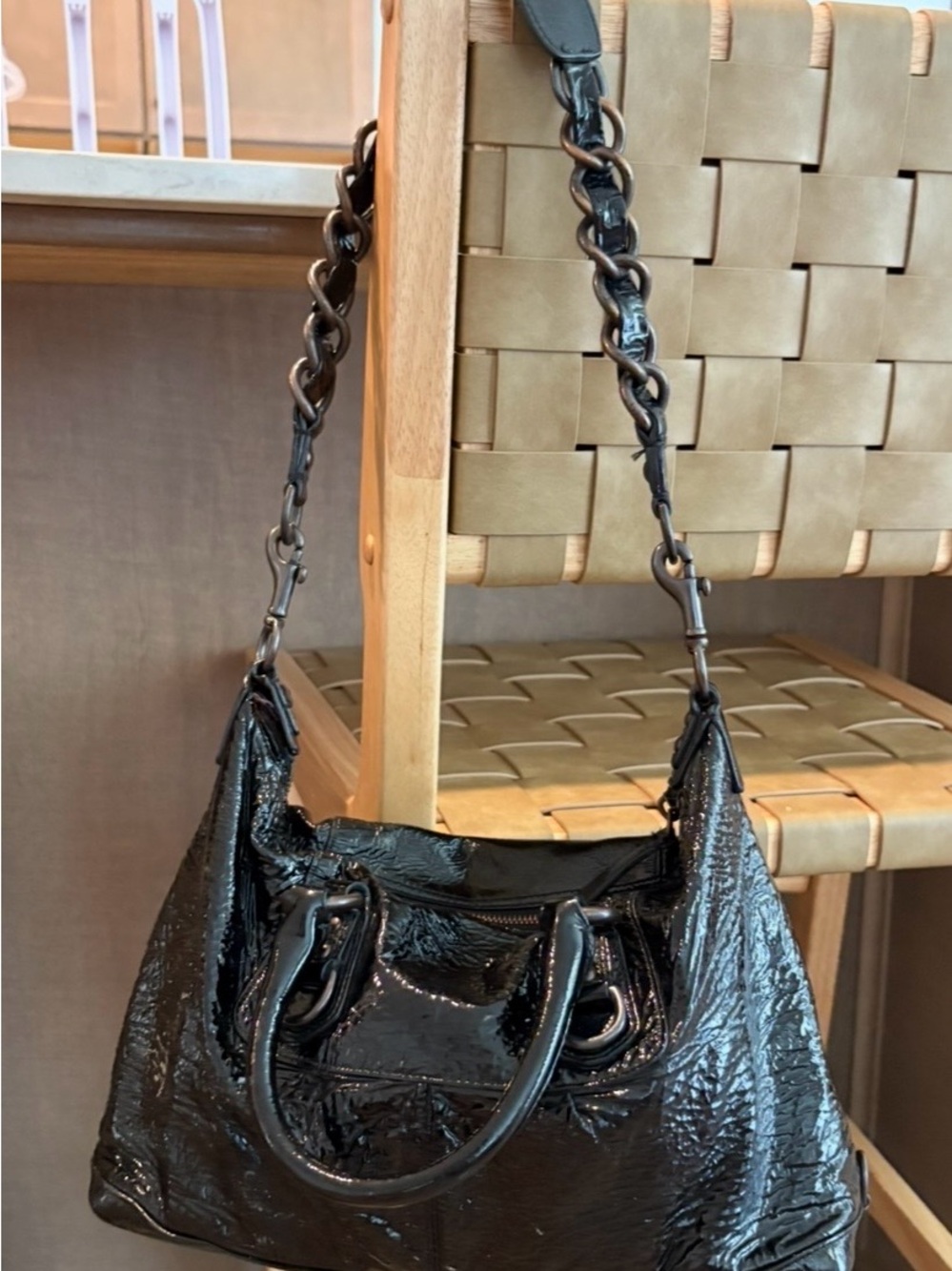Coach Black Patent Leather Shoulder Bag with Chain-Link Strap - Picture 6 of 10